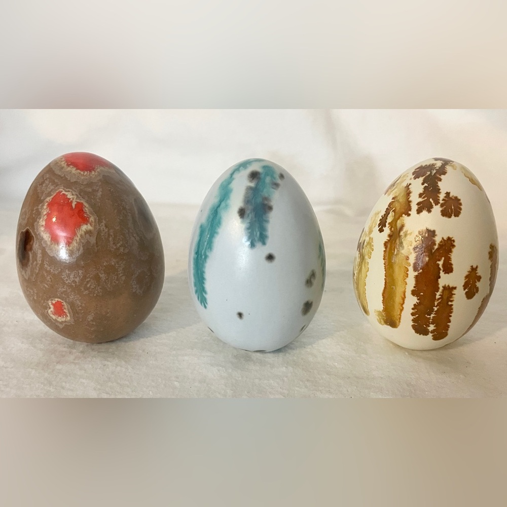 Vintage Ceramic Eggs Glazed Large 3” Blue Brown Easter Speckled LOT Matte Decor